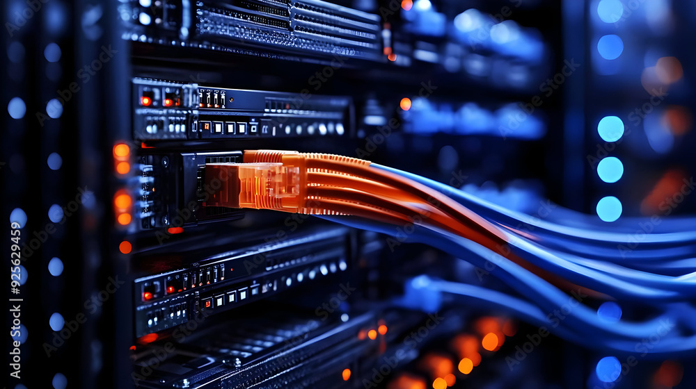 Poster close-up of network cables connected to servers in a data center.