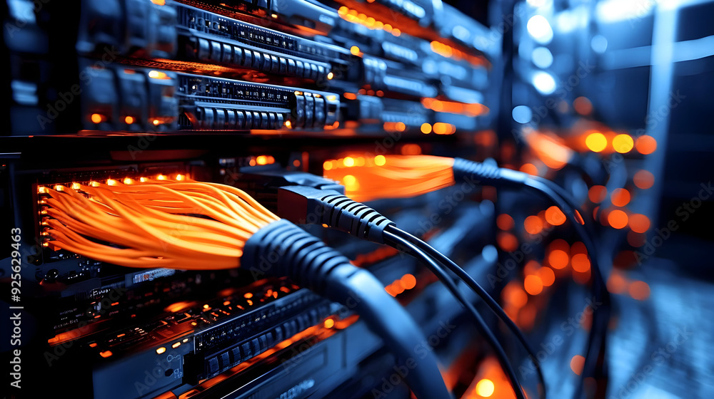 Poster close-up of network servers with illuminated cables and connections.