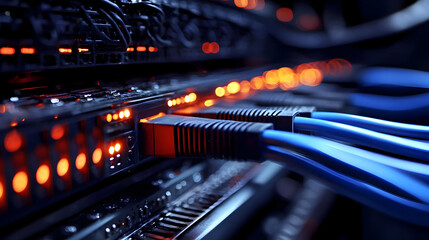 Close-up of network cables and illuminated server ports.