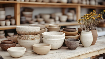 Collection of handmade pottery bowls and dried flowers on a table.