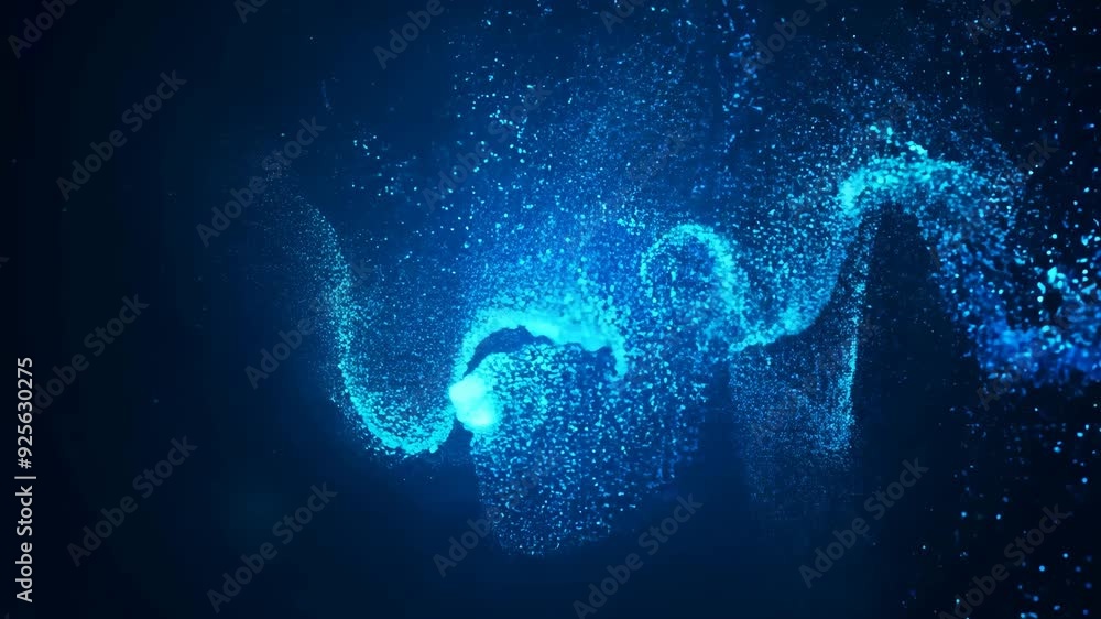 Poster motion animation of abstract 3d bright blue flowing wave made of dots on black background. digital d