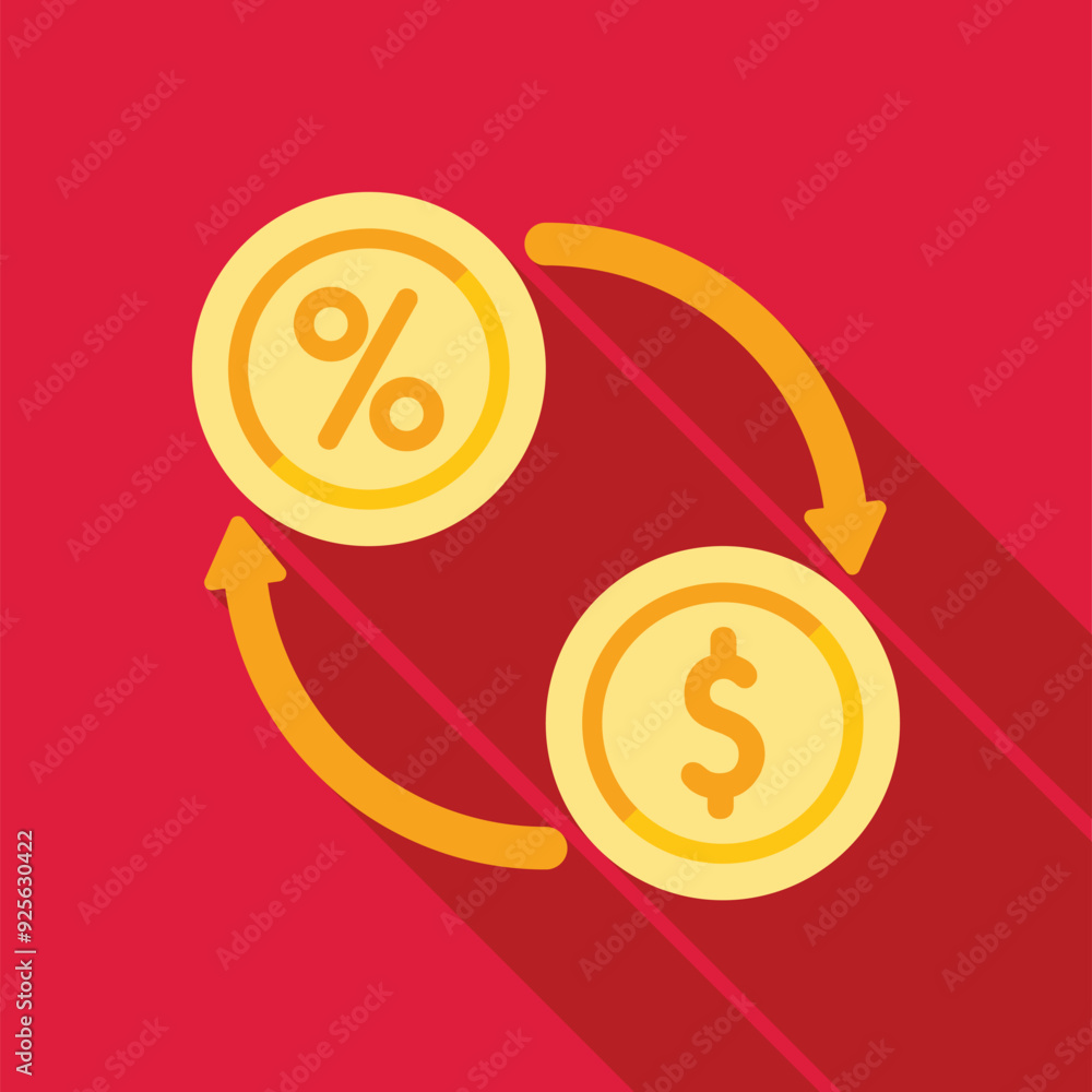 Poster currency exchange showing percentage converting to dollar with arrows on red background