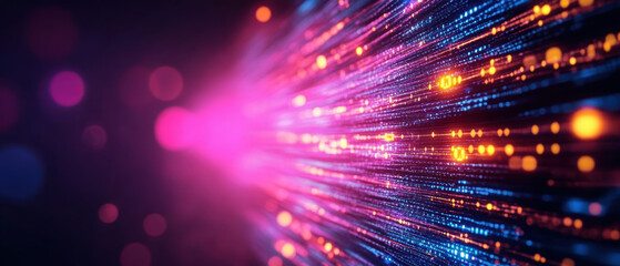 Naklejka premium Abstract image of colorful light trails moving towards the bright pink center, representing data streaming and technology.