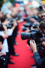 Photographers line up on the red carpet, capturing moments at a high-profile event, with cameras ready for the perfect shot.