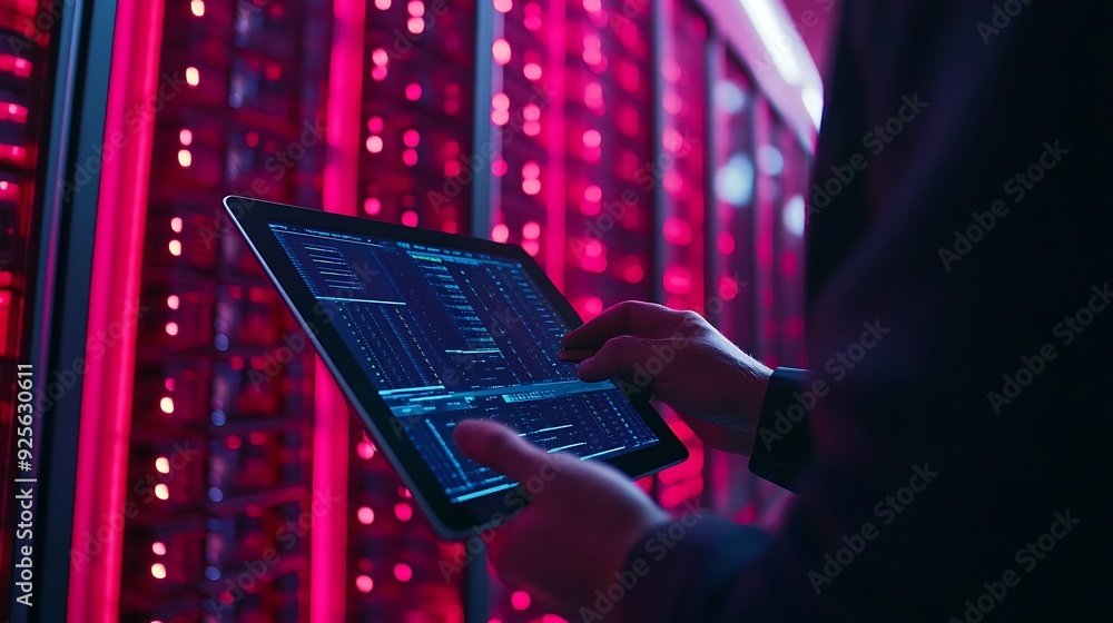 Poster data center technician monitoring server performance on tablet in an expansive room filled with serv