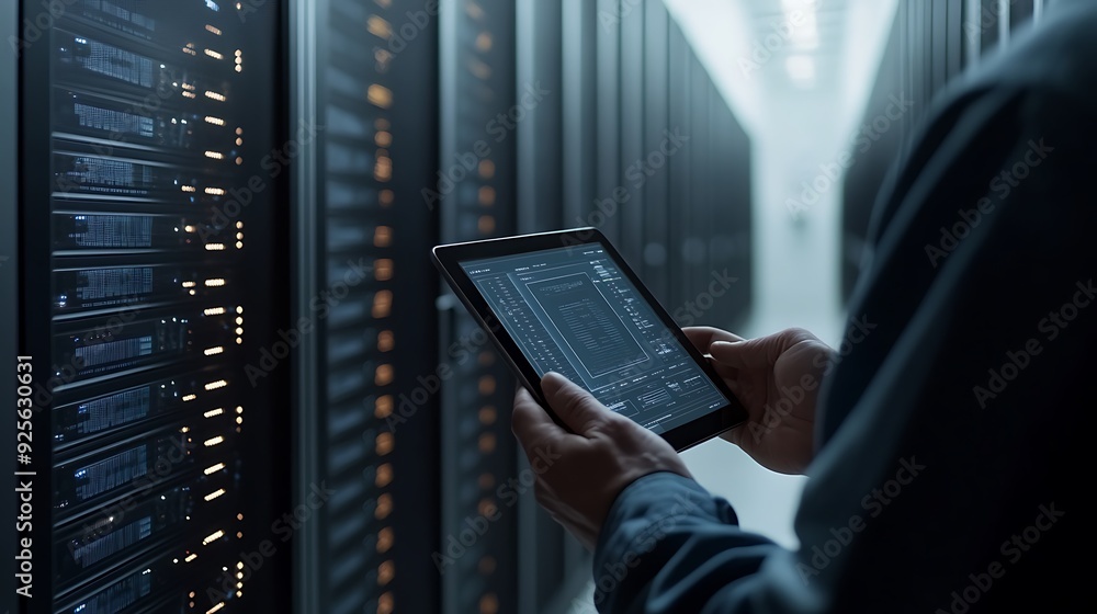Poster data center technician monitoring server performance on tablet in an expansive room filled with serv