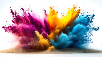 Colorful explosion of powdered pigments on a sandy surface.