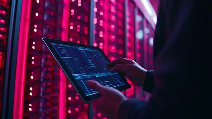 Data Center Technician Monitoring Server Performance on Tablet in an Expansive Room Filled with Servers