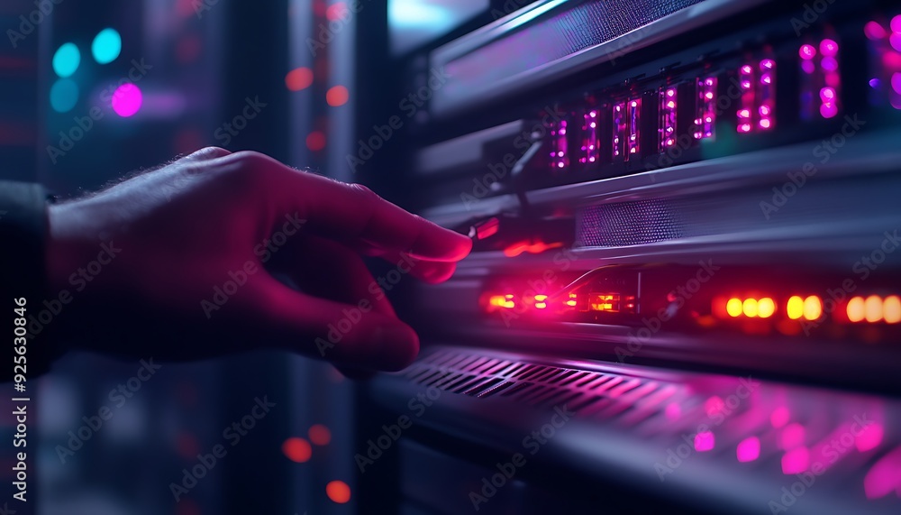 Poster technician removing server unit from rack for maintenance in a fully occupied data center