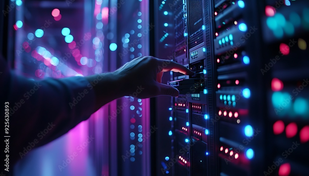 Poster technician removing server unit from rack for maintenance in a fully occupied data center