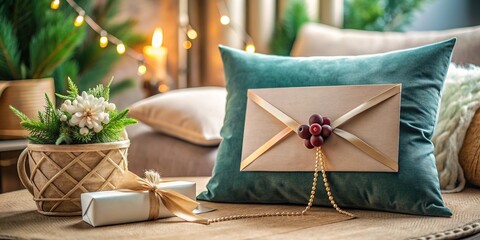 a customized product with a name tag on a velvet cushion, surrounded by styled decorations and a bespoke envelope nearby.