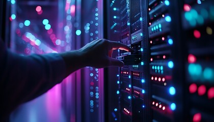 Technician Removing Server Unit from Rack for Maintenance in a Fully Occupied Data Center