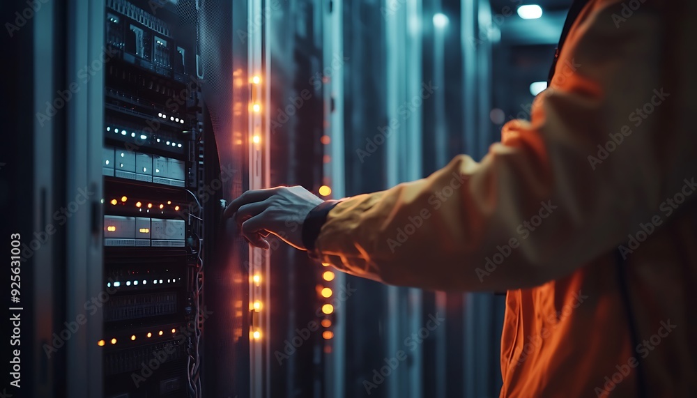 Poster technician removing server unit from rack for maintenance in a fully occupied data center