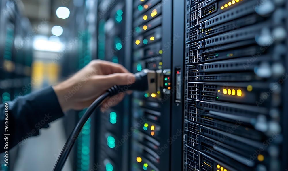 Aufkleber technician plugging in power cable to server in a bustling data center with detailed close-up