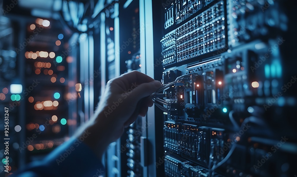 Poster technician plugging in power cable to server in a bustling data center with detailed close-up