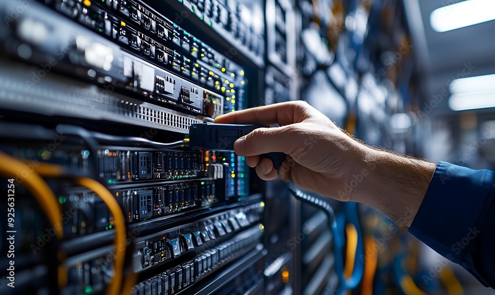 Poster technician plugging in power cable to server in a bustling data center with detailed close-up