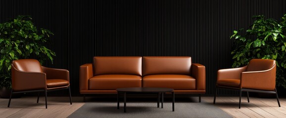 Modern Living Room With Brown Leather Furniture, 3D Rendering