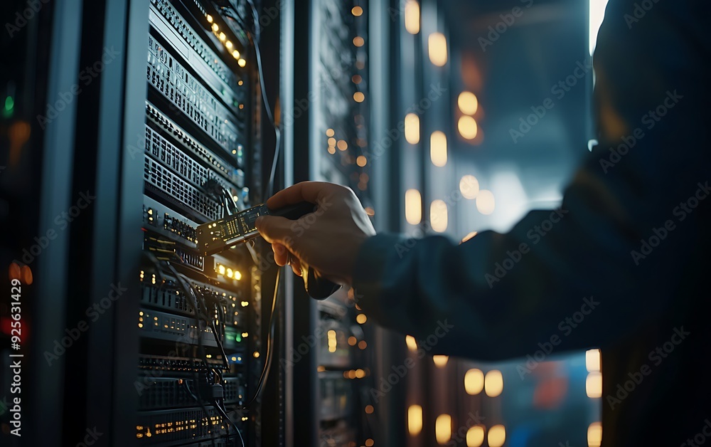 Poster technician holding diagnostic tool connected to server in a complex data center environment