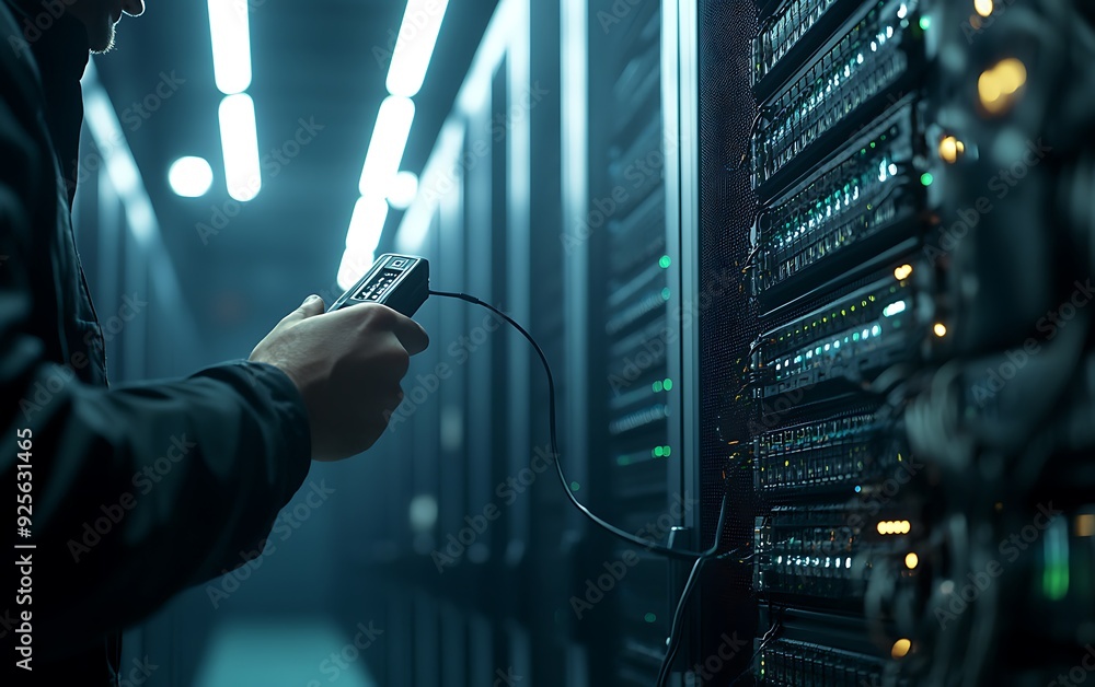 Poster technician holding diagnostic tool connected to server in a complex data center environment