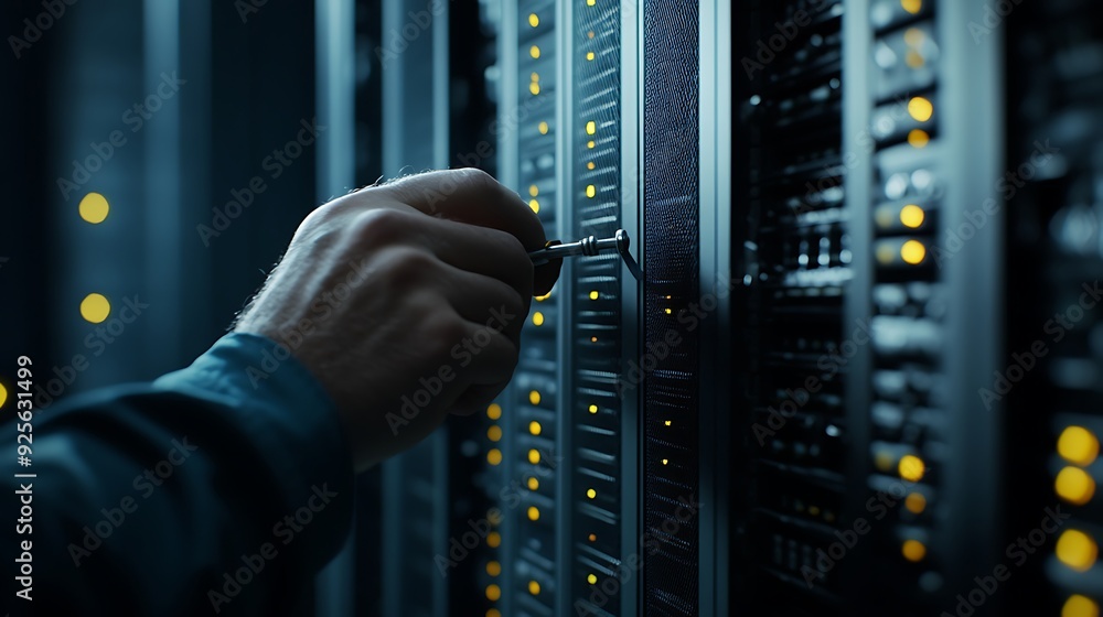 Poster technician tightening screw on server rack with focus on precision in a large data center