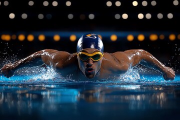 Professional swimmer performing butterfly stroke in a pool under bright lights during a competitive swimming event, displaying strength and skill.