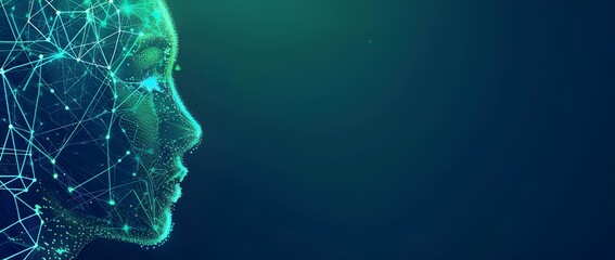 Abstract background with a low poly head profile and connection lines on a blue green colored vector illustration.