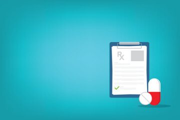 Medical prescription Rx form with pill and capsule	