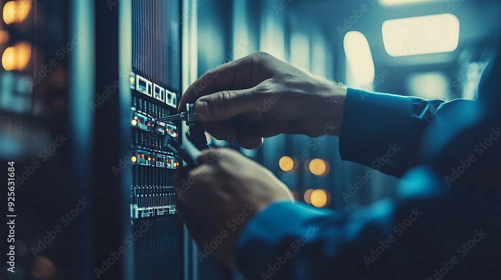 Poster technician tightening screw on server rack with focus on precision in a large data center