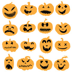 Happy Halloween carving templates of pumpkin heads with faces and emotions. Collection of Halloween pumpkins silhouettes for carve and design decorations. Scary funny Jack O Lantern faces cut. Vector.