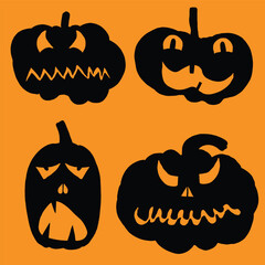 Pumpkin heads for Halloween emotions faces and spooky horror set. Halloween character design and pumpkins funny faces for carving and cut outs. Autumn holidays. Carved faces silhouettes. Vector.