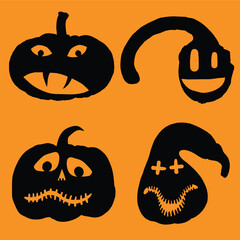 Halloween faces and pumpkins icon set. Spooky black pumpkin smiles on orange background. Emotional pumpkin face gestures for Halloween holiday and design decoration. Vector.