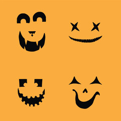 Halloween set of monsters characters silhouettes for carving and cut out creation. Halloween faces emotions collection, shapes, eyes, noses, mouth, teeth, fangs, emotions, creepy and spooky. Vector.