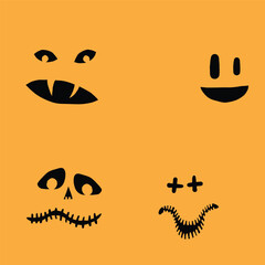 Monsters and creatures carving templates emotion face for Halloween Holidays. Cartoon faces, expressive eyes and mouth, smiling, crying face expressions. Caricature doodle. Isolated Vector.