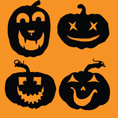 Pumpkin heads for Halloween emotions faces and spooky horror set. Halloween character design and pumpkins funny faces for carving and cut outs. Autumn holidays. Carved faces silhouettes. Vector.