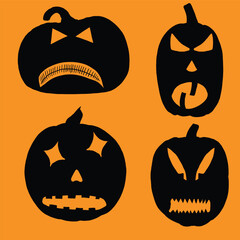 Happy Halloween carving templates of pumpkin heads with faces and emotions. Collection of Halloween pumpkins silhouettes for carve and design decorations. Scary funny Jack O Lantern faces cut. Vector.