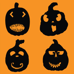 Happy Halloween carving templates of pumpkin heads with faces and emotions. Collection of Halloween pumpkins silhouettes for carve and design decorations. Scary funny Jack O Lantern faces cut. Vector.