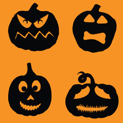 Happy Halloween carving templates of pumpkin heads with faces and emotions. Collection of Halloween pumpkins silhouettes for carve and design decorations. Scary funny Jack O Lantern faces cut. Vector.