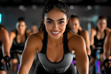 Smiling woman in a fitness class participating in an indoor cycling workout with a group, showcasing determination and energy.
