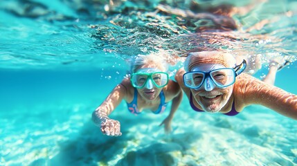 Naklejka premium Two happy seniors enjoying snorkeling underwater in a vibrant ocean, capturing memories and embracing adventure.