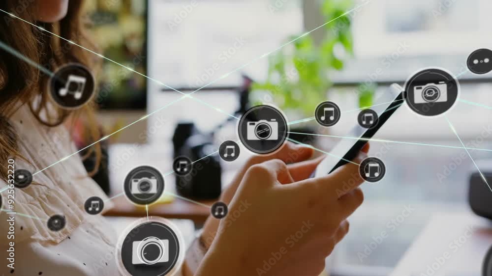 Poster using smartphone, person surrounded by animated interconnected media icons