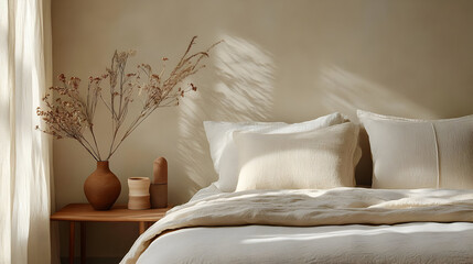 Cozy bedroom with neutral tones and dried flowers.