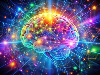 Fototapeta premium A futuristic illustration of the human brain's visual cortex, showcasing a vibrant, iridescent visual field with abstract shapes and neural connections in breathtaking detail.