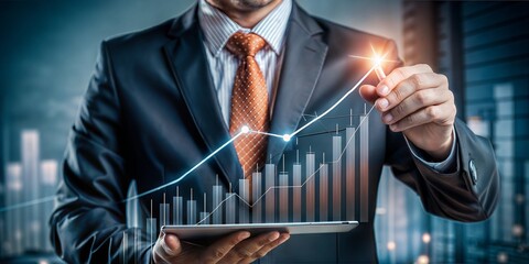 Businessman analyzing economic growth graph and financial data, global economic trend analysis, planning business strategy, digital marketing. Business growth concept