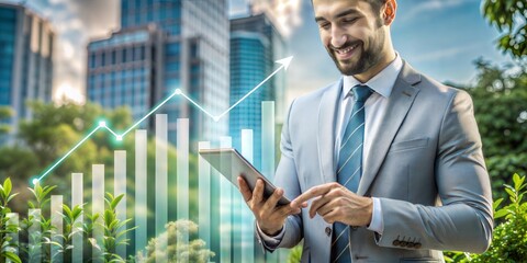 Businessman analyzing economic growth graph and financial data, global economic trend analysis, planning business strategy, digital marketing. Business growth concept