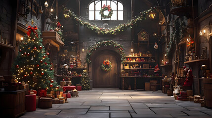 Cozy holiday workshop decorated with festive ornaments and trees.