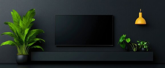 Modern Living Room With Smart Tv, Sofa, Lamp, And Plant