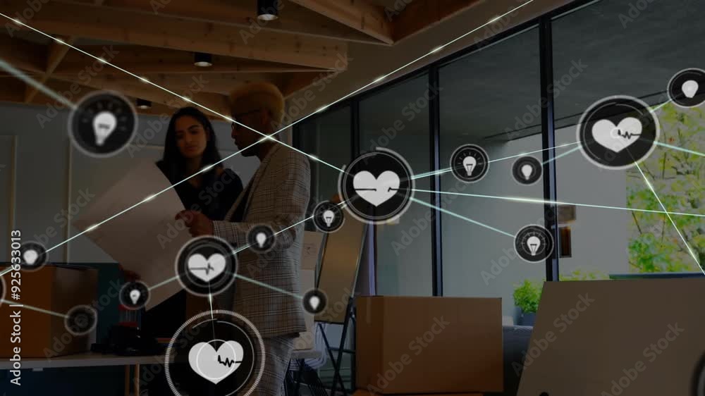 Poster network of connections and data processing animation over business meeting in office