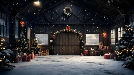 Cozy winter scene with Christmas decorations and gifts.