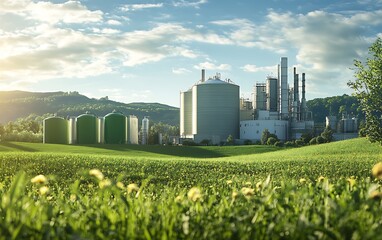 Obraz premium Large Bioenergy Facility Converting Agricultural Biomass into Clean Energy Integrated into the Natural Landscape