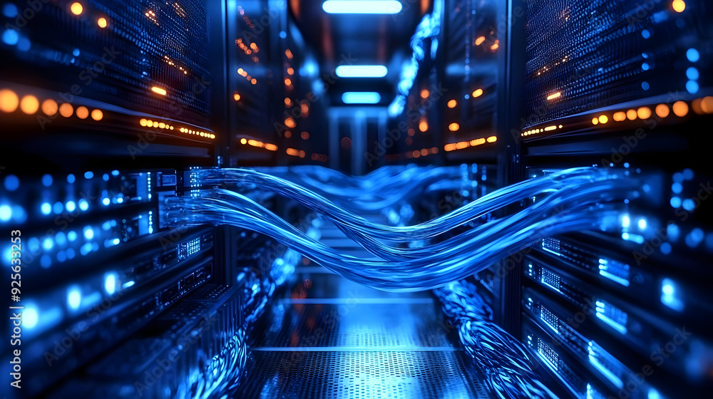 Poster data center with illuminated servers and network cables.